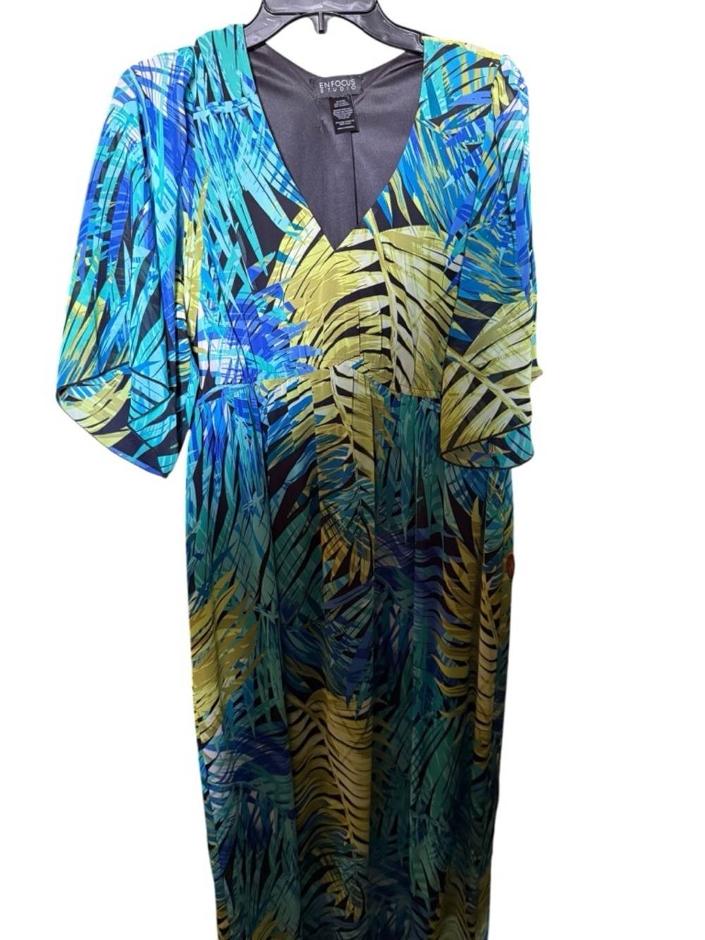 Enfocus Studio Tropical Maxi Dress L XL Blue Green Leaf Print Flowy Resort